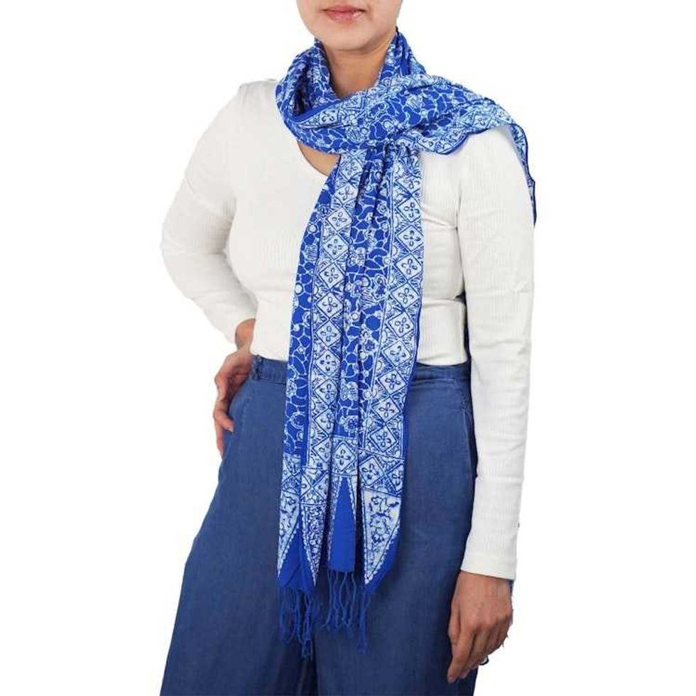 Handmade Batik Scarf, soft Cotton, Boulder, Blue, Light Blue, White