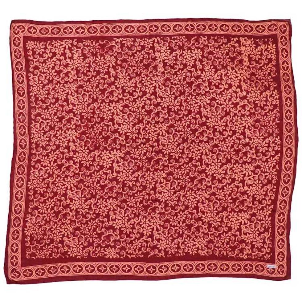 Large 39" Hand Dyed Batik Bandana, Red Loop Pattern, Burgundy, Size Big, XL Scarf