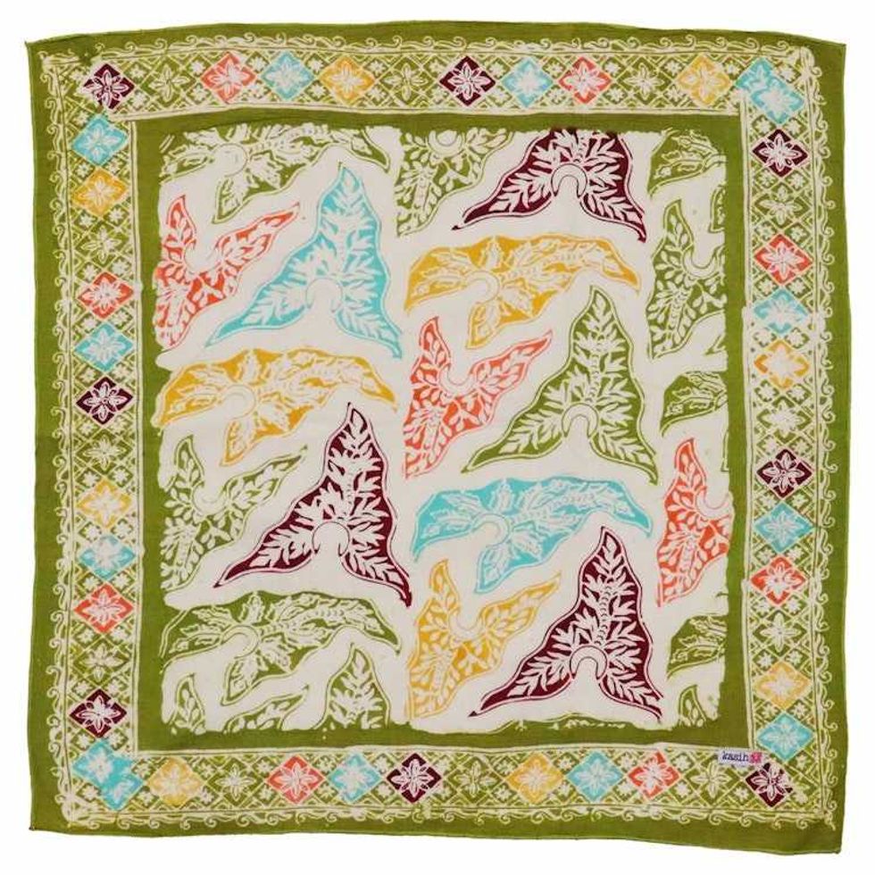 Hand Dyed Batik Bandana Tropical Tapestry, Multi color, Taro Leaves, Green
