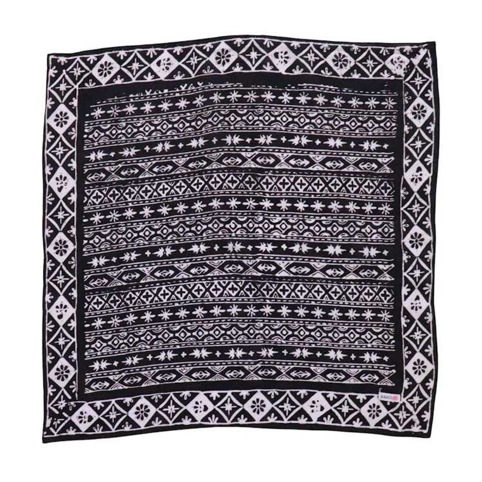 Hand Dyed Batik Bandana, 100% Cotton, Black White Geometric, Hand-stamped
