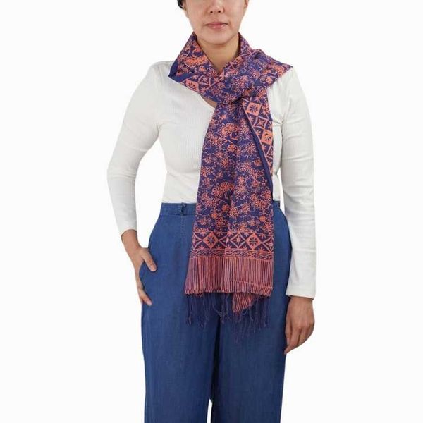 Image for Hand Dyed Batik Scarf, Soft Cotton, Mangosteen, Blue, Pink, Fruit, Floral