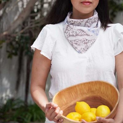 Alternate image for Batik Bandana White Blue Talas Leaves, 100% Cotton, Hand Dyed Hair Cover Scarf