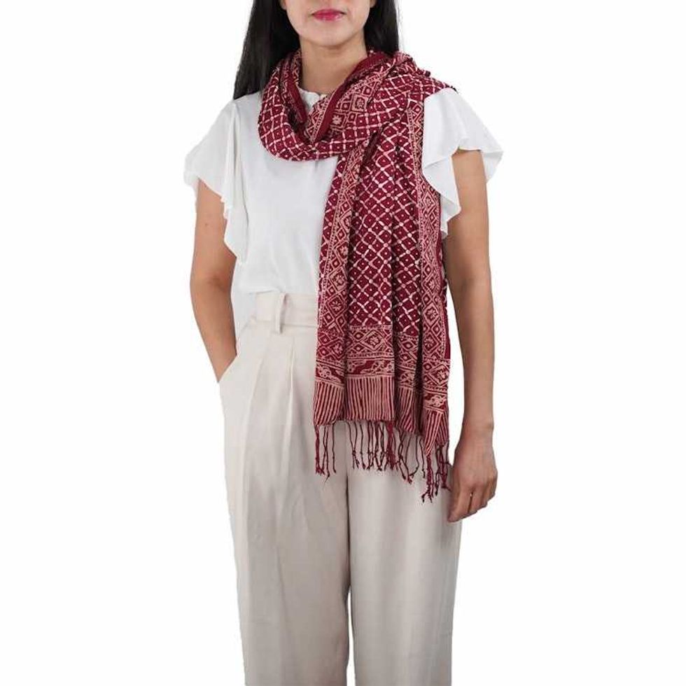 Handmade Batik Scarf - soft Cotton, Crimson Cross, Red Burgundy, Auburn