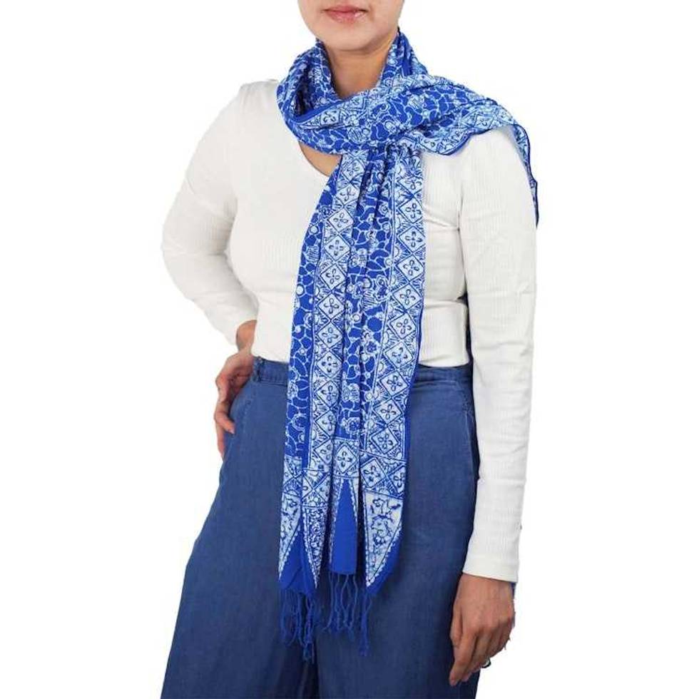 Handmade Batik Scarf, soft Cotton, Boulder, Blue, Light Blue, White