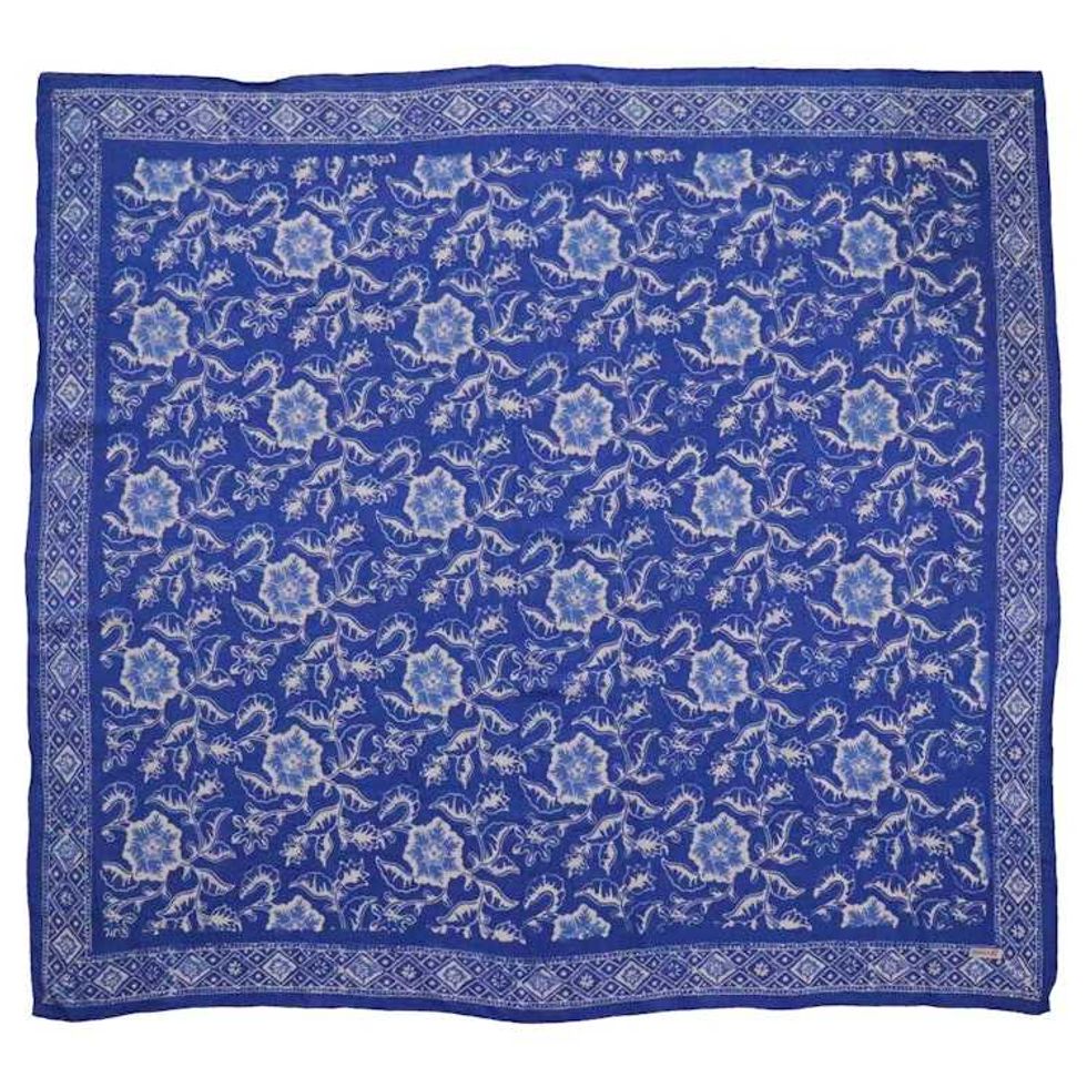 Large 39" Hand Dyed Batik Bandana, Blue Tendril, 100% Cotton