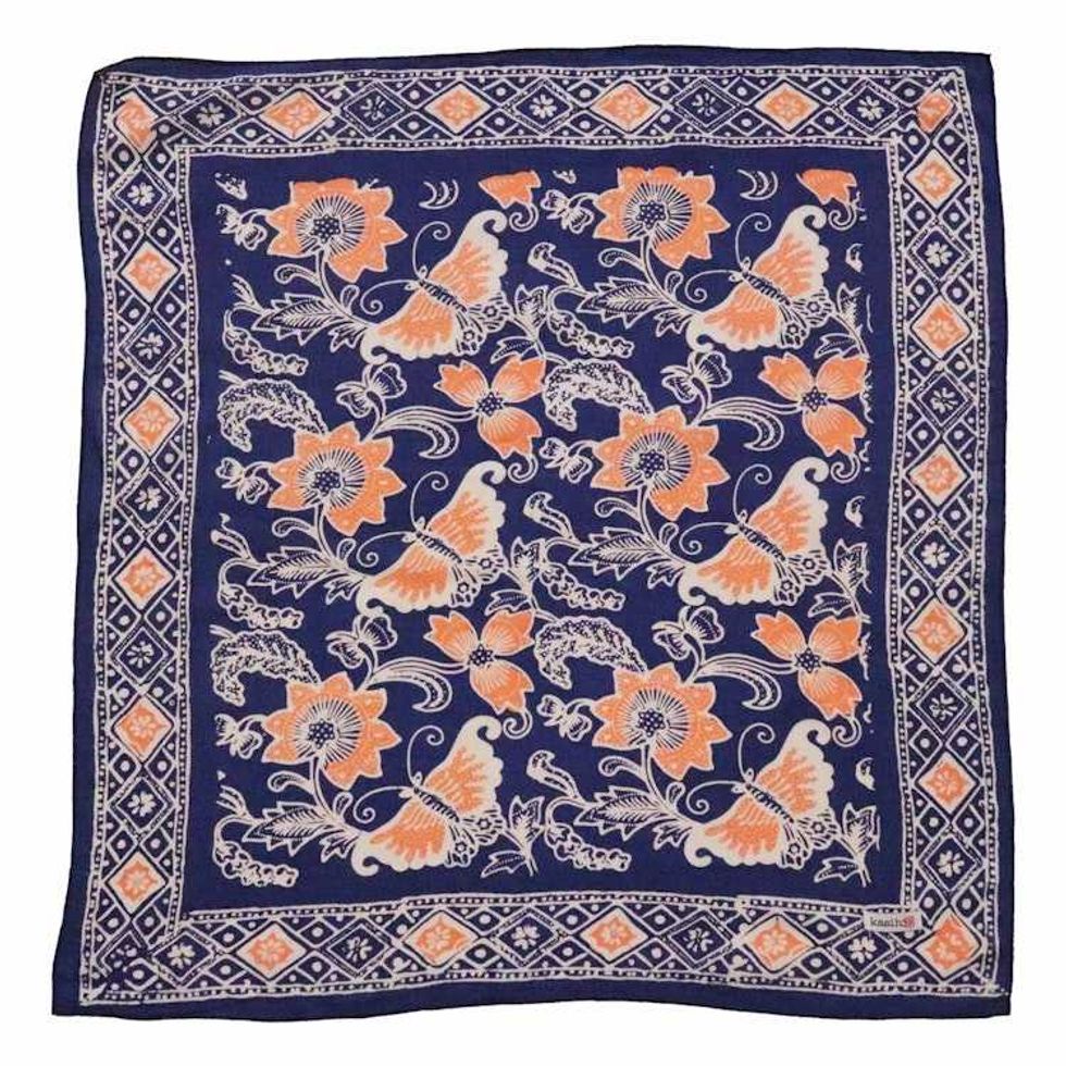 Hand Dyed Batik Bandana, 100% Soft Cotton, Passion Flutter, Blue, Peach