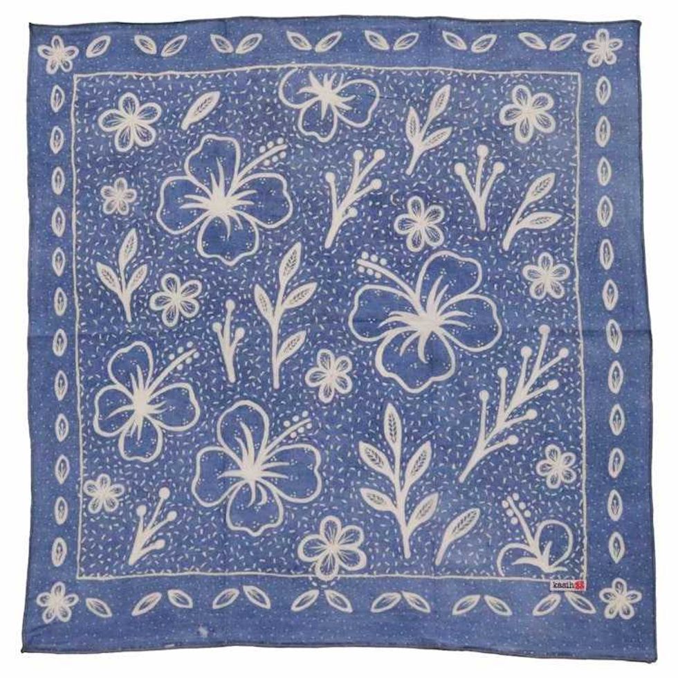 Fully Hand Drawn Painted, Indigo Natural Dye Batik Bandana, Hibiscus Indigo, Blue