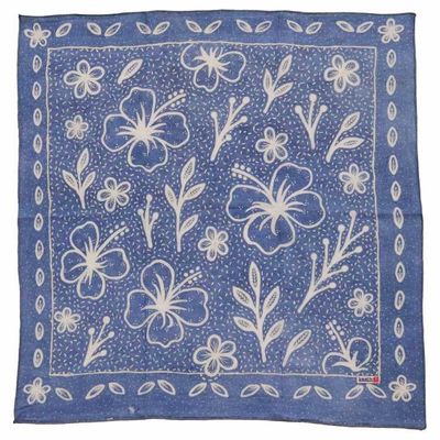 Alternate image for Fully Hand Drawn Painted, Indigo Natural Dye Batik Bandana, Hibiscus Indigo, Blue