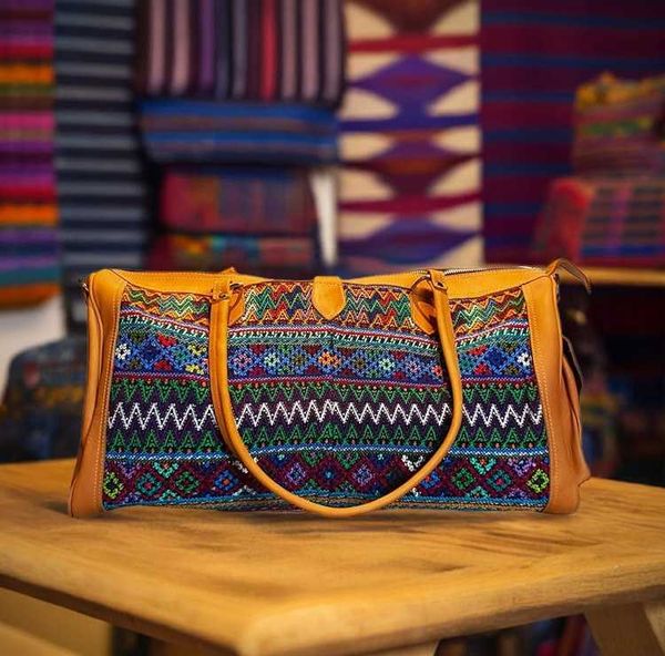 Alternate image for Guatemalan Leather & Huipile Travel Bag