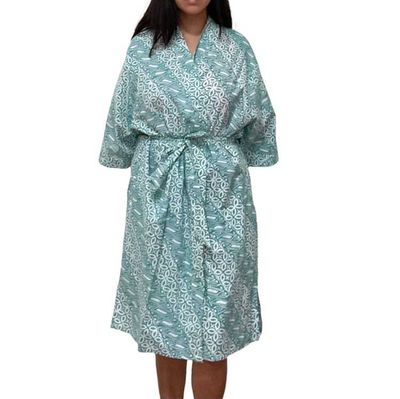 Alternate image for Hand Dyed Batik Robe Kimono, 100% Cotton, Green Royalty