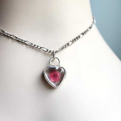 Alternate image for Red Flower Heart Pendant Charm, Handmade Necklace for Women and Girls, Real Pressed Flower Jewelry