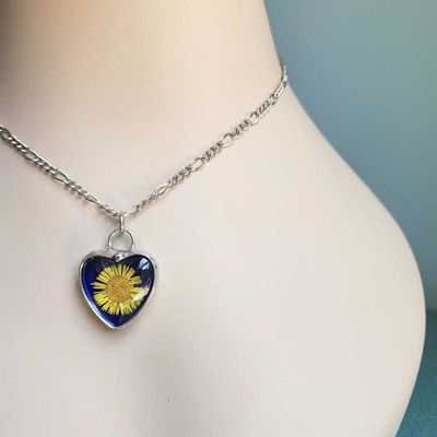 Alternate image for Blue Stained Glass Heart Necklace for Women, Real Pressed Flower Sunflower, Artisan Hand Crafted Jewelry