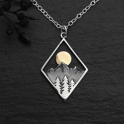 Alternate image for Sterling Silver Mountain Necklace with Bronze Sun