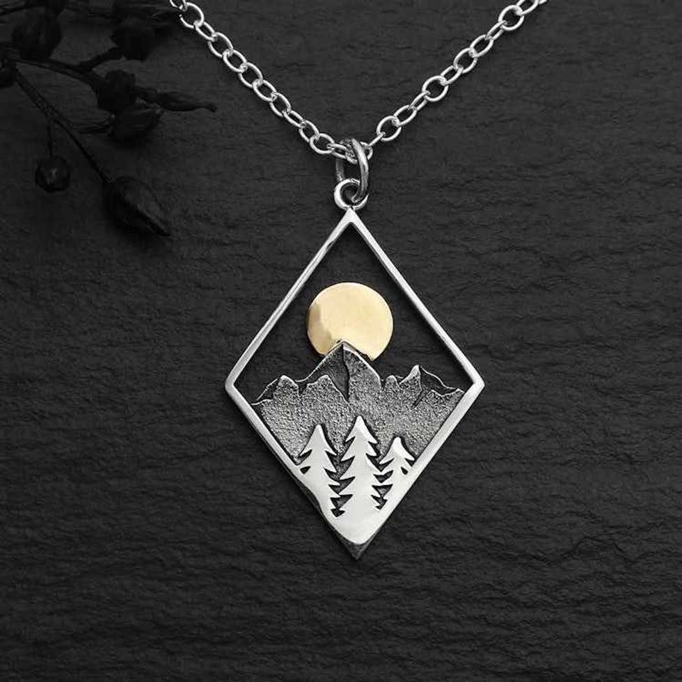 Sterling Silver Mountain Necklace with Bronze Sun