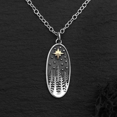 Alternate image for Sterling Silver Pine Tree Necklace with Bronze Star