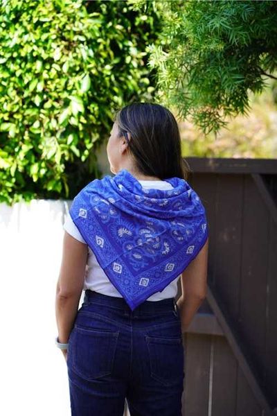 Alternate image for Large 39 Batik Bandana, Hand Dyed, 100% Soft Cotton, Oversized Large Head Scarf for Hair, Blue Roses