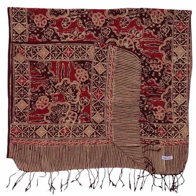 Alternate image for Handmade Batik Scarf, Soft Cotton, Sunlit Garden, Red Burgundy