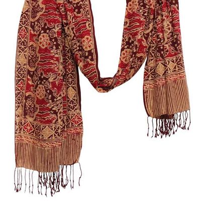 Alternate image for Handmade Batik Scarf, Soft Cotton, Sunlit Garden, Red Burgundy