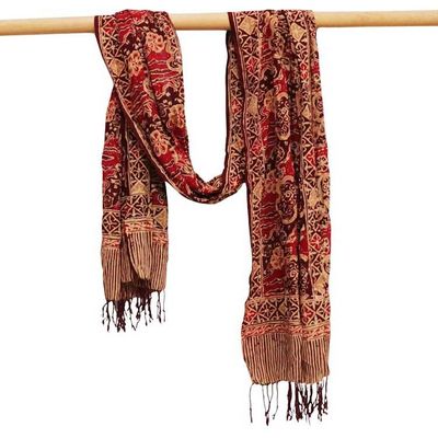 Alternate image for Handmade Batik Scarf, Soft Cotton, Sunlit Garden, Red Burgundy