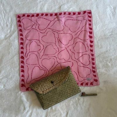 Alternate image for Gift Set of Fully Hand Drawn Batik Bandana Tulis Pink Heart, Handwoven Pouch and Canting Wax and Dye Tool