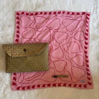 Alternate image for Gift Set of Fully Hand Drawn Batik Bandana Tulis Pink Heart, Handwoven Pouch and Canting Wax and Dye Tool