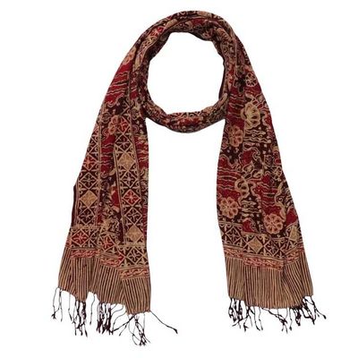 Alternate image for Handmade Batik Scarf, Soft Cotton, Sunlit Garden, Red Burgundy