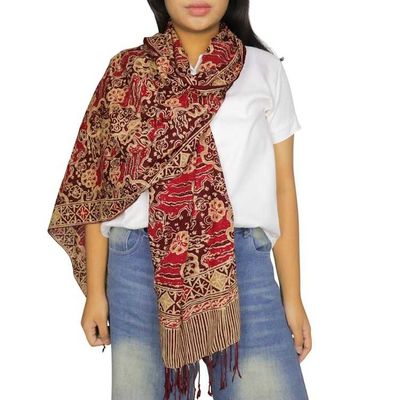 Alternate image for Handmade Batik Scarf, Soft Cotton, Sunlit Garden, Red Burgundy