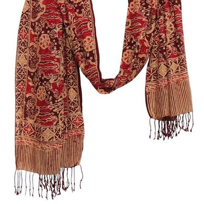 Alternate image for Handmade Batik Scarf, Soft Cotton, Sunlit Garden, Red Burgundy