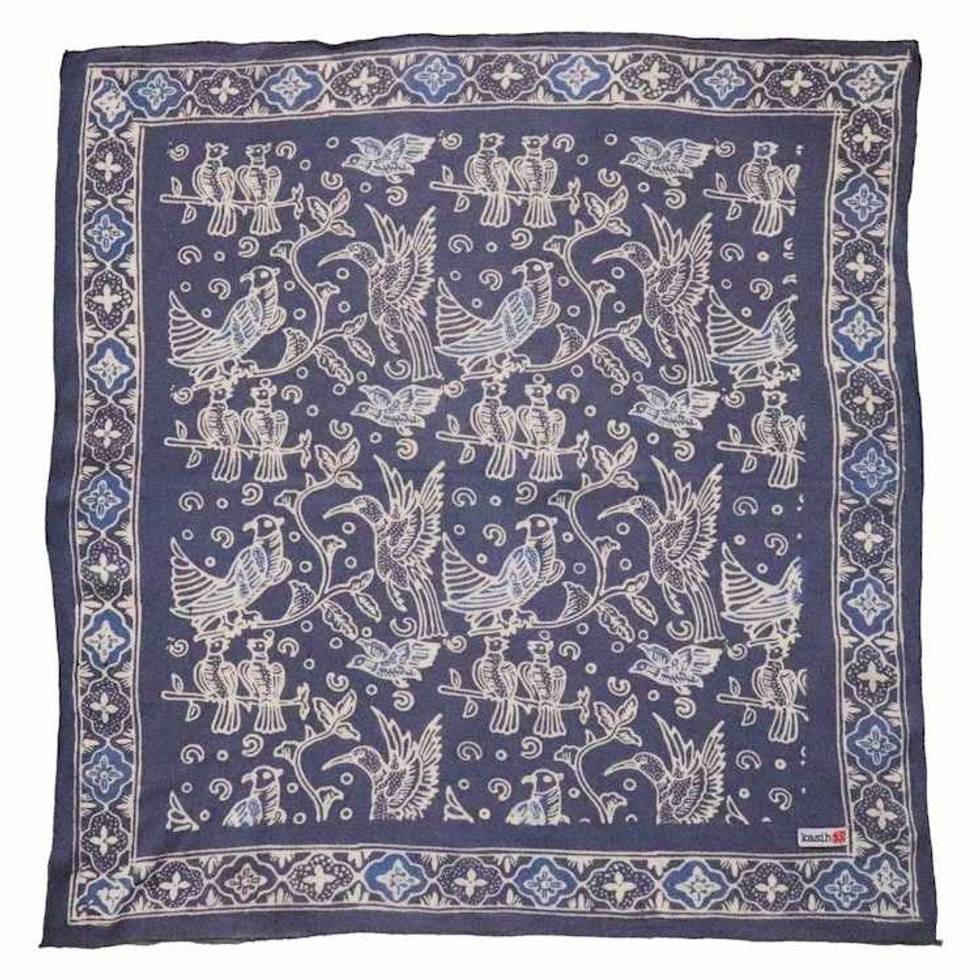 Hand Dyed Batik Bandana, 100% Soft Cotton, Bird Song, Gray, Grey, Blue