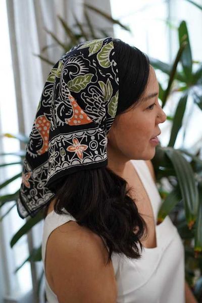 Alternate image for Hand Dyed Batik Bandana, 100% Soft Cotton, Dusk Petals, Black, Orange