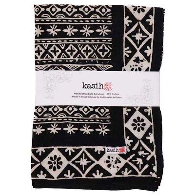 Alternate image for Hand Dyed Batik Bandana, 100% Cotton, Black White Geometric, Hand-stamped