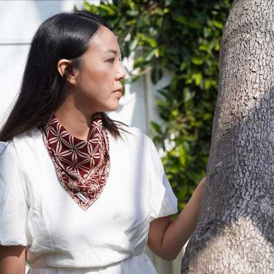 Alternate image for Batik Bandana Auburn Geometric, Hand-dyed handmade batik, hand-drawn hair cover scarf