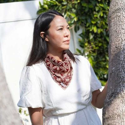 Alternate image for Batik Bandana Auburn Geometric, Hand-dyed handmade batik, hand-drawn hair cover scarf