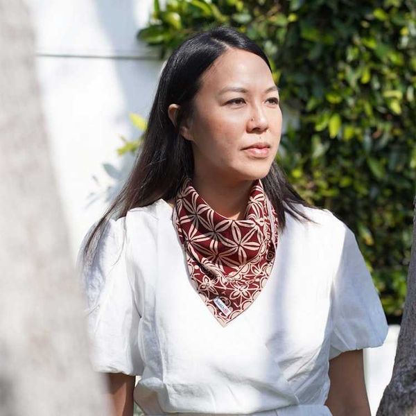 Alternate image for Batik Bandana Auburn Geometric, Hand-dyed handmade batik, hand-drawn hair cover scarf