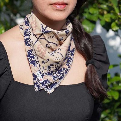 Alternate image for Batik Bandana Woven Meadow, Cream Blue, 100% Cotton, Hand Dyed Hair Cover Scarf