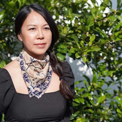 Alternate image for Batik Bandana Woven Meadow, Cream Blue, 100% Cotton, Hand Dyed Hair Cover Scarf