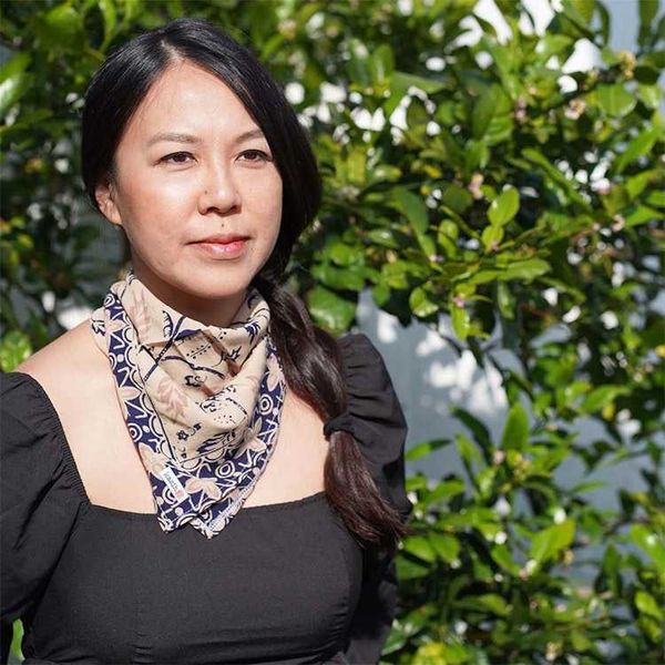 Alternate image for Batik Bandana Woven Meadow, Cream Blue, 100% Cotton, Hand Dyed Hair Cover Scarf