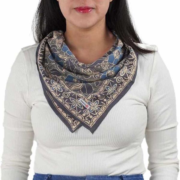 Alternate image for Hand Dyed Batik Bandana Spotted Flower, Grey, Blue, Hair Cover Scarf, Cotton