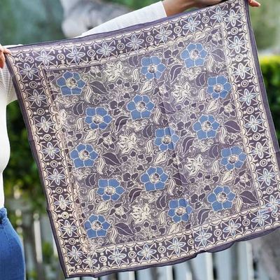 Alternate image for Hand Dyed Batik Bandana Spotted Flower, Grey, Blue, Hair Cover Scarf, Cotton