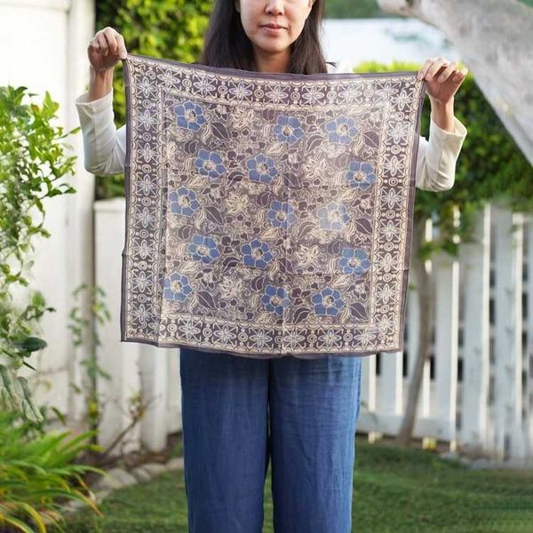 Alternate image for Hand Dyed Batik Bandana Spotted Flower, Grey, Blue, Hair Cover Scarf, Cotton