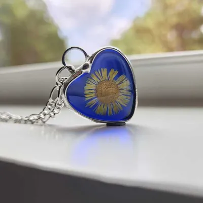 Alternate image for Blue Stained Glass Heart Necklace for Women, Real Pressed Flower Sunflower, Artisan Hand Crafted Jewelry