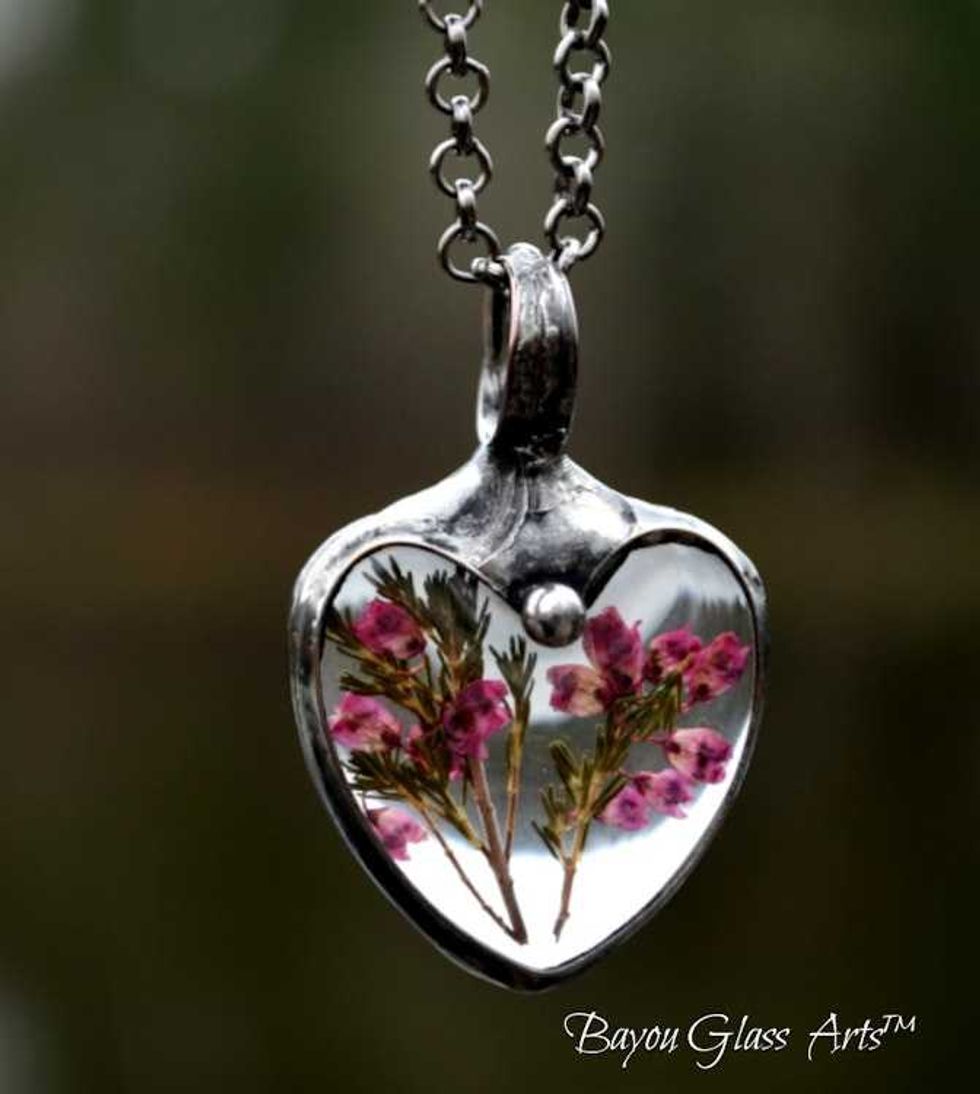 Pink Scottish Heather Heart Pendant Necklace