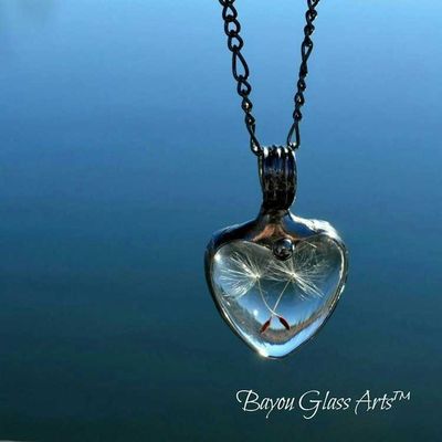 Alternate image for Dandelion Seed Heart Pendant Necklace for Women, Stained Glass Terrarium Jewelry
