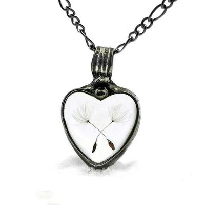 Alternate image for Dandelion Seed Heart Pendant Necklace for Women, Stained Glass Terrarium Jewelry