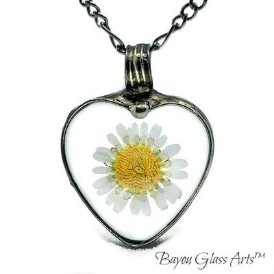 Alternate image for Real Pressed Flower Daisy Pendant Necklace for Women, Stained Glass Jewelry
