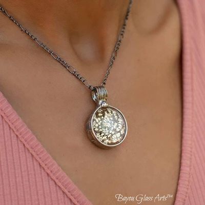 Primary image for Queen Annes Lace Pendant Necklace, Real Pressed Flower Jewelry for Women