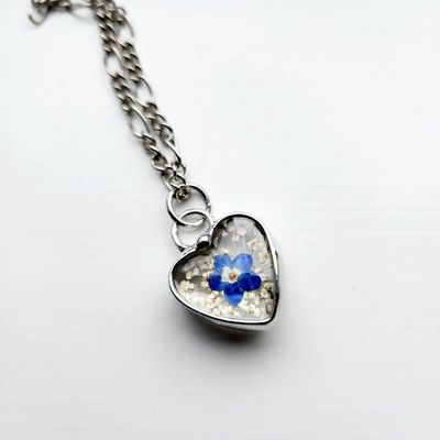 Primary image for Pressed Flower Heart Necklace, Queen Annes Lace Pendant with Forget-Me-Not, 13th Anniversary Gift