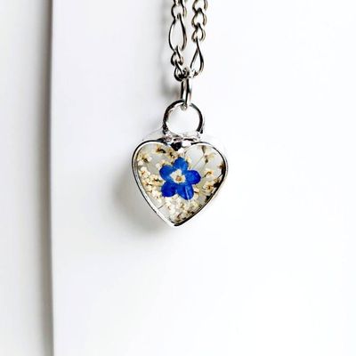 Alternate image for Pressed Flower Heart Necklace, Queen Annes Lace Pendant with Forget-Me-Not, 13th Anniversary Gift