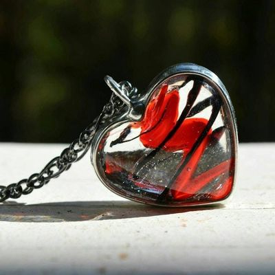 Alternate image for Swirled Fused Glass Heart Necklace, Red and Black Heart Pendant