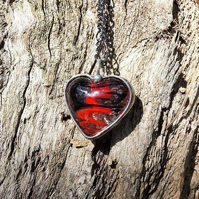 Alternate image for Swirled Fused Glass Heart Necklace, Red and Black Heart Pendant